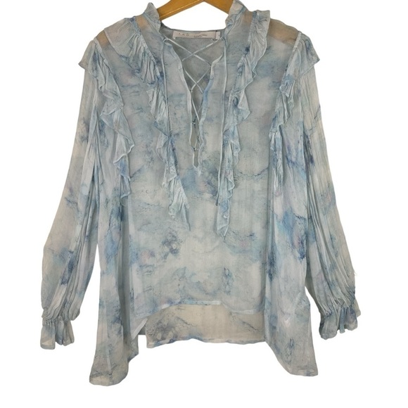 IRO Cruis Light Blue Chiffon Ruffle Blouse Lace-Up Sheer — Size US 2 / FR 34 - Picture 13 of 14